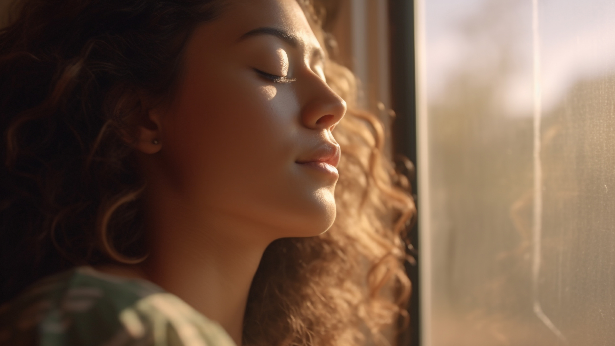 A woman looking out the window and taking a slow breath, creating space for a quick reset when the day goes sideways.