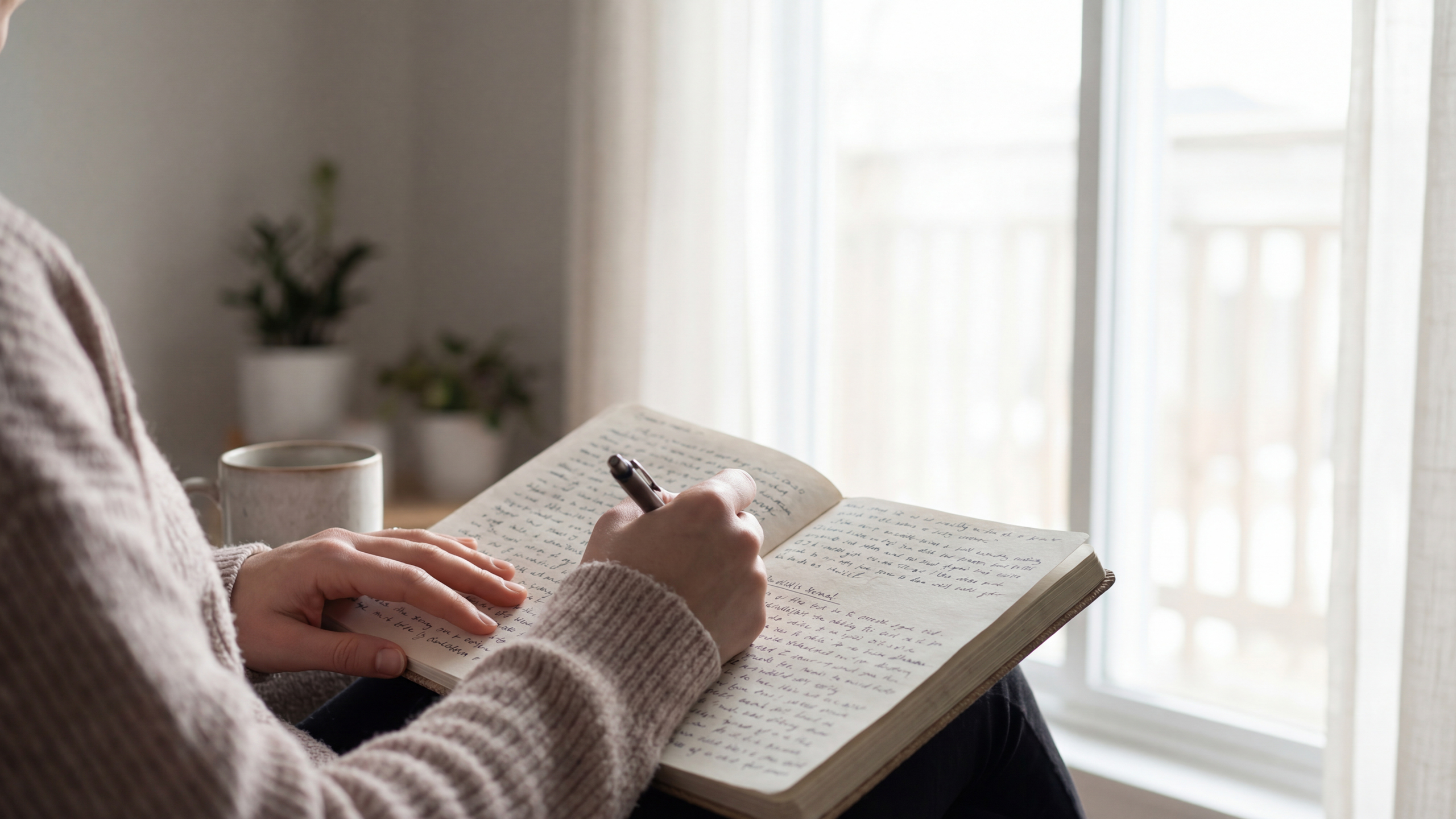 Woman enjoying a calm morning routine with soft natural light, symbolizing gentle daily structure and emotional steadiness.